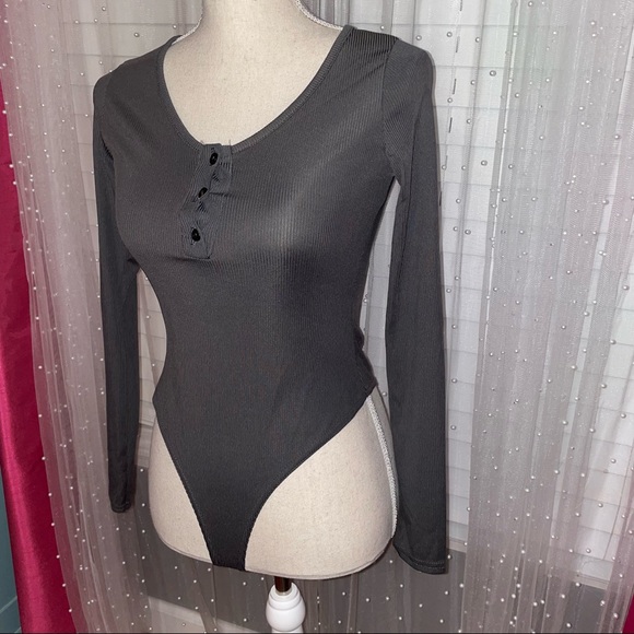 Grey Ribbed Button Up BodySuit - Picture 3 of 7